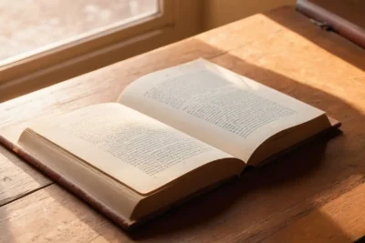 Livre ouvert sur table en bois éclairée