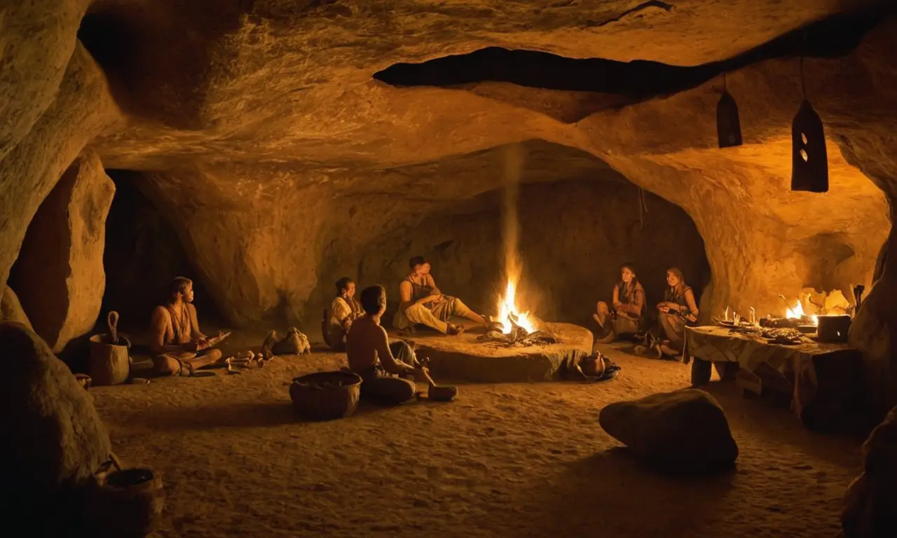 Caverne préhistorique animée avec vie quotidienne
