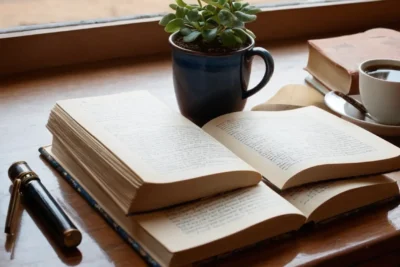 Table en bois avec livres et lumière douce