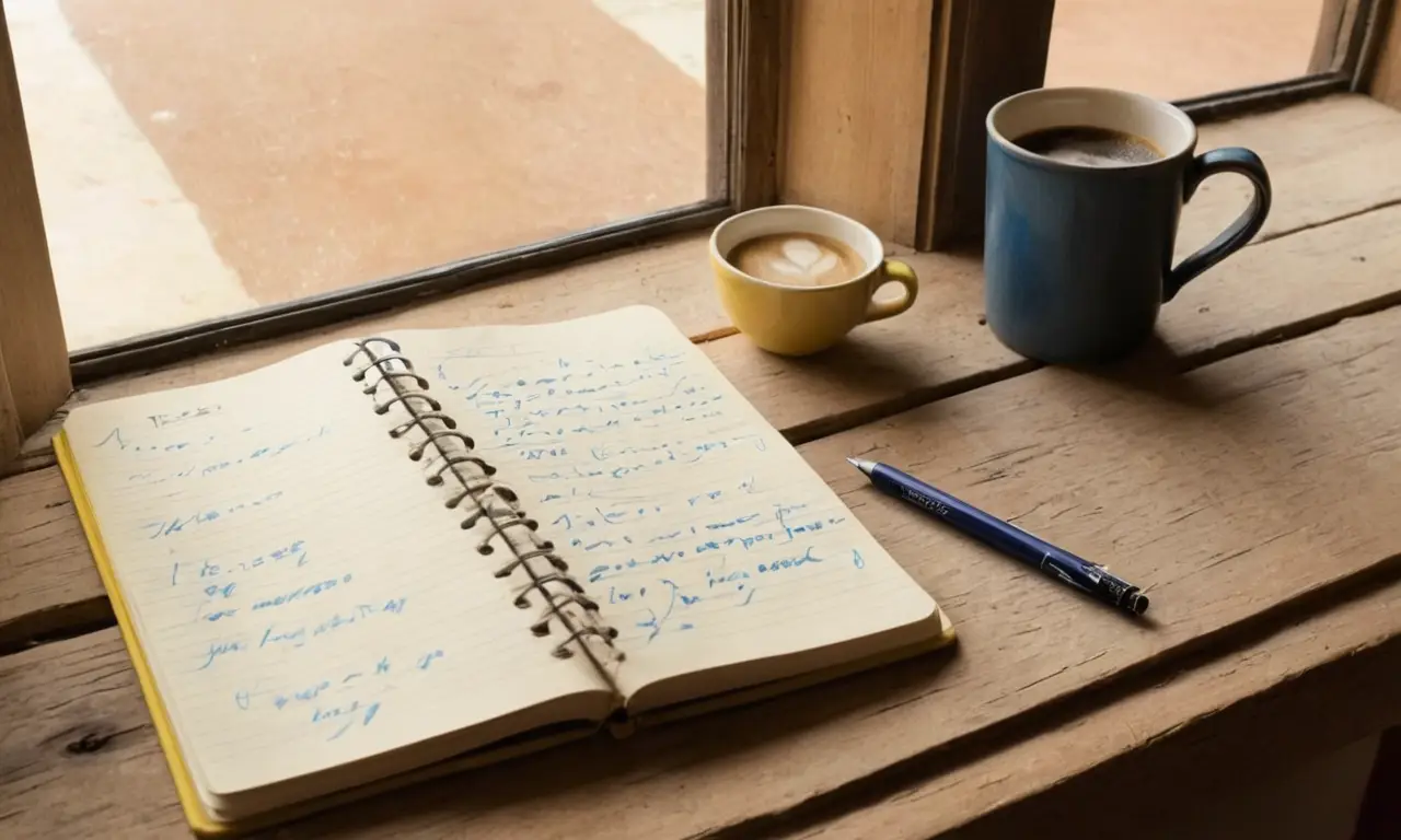 Une table en bois avec notes et café