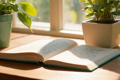 Livre ouvert sur un bureau ensoleillé
