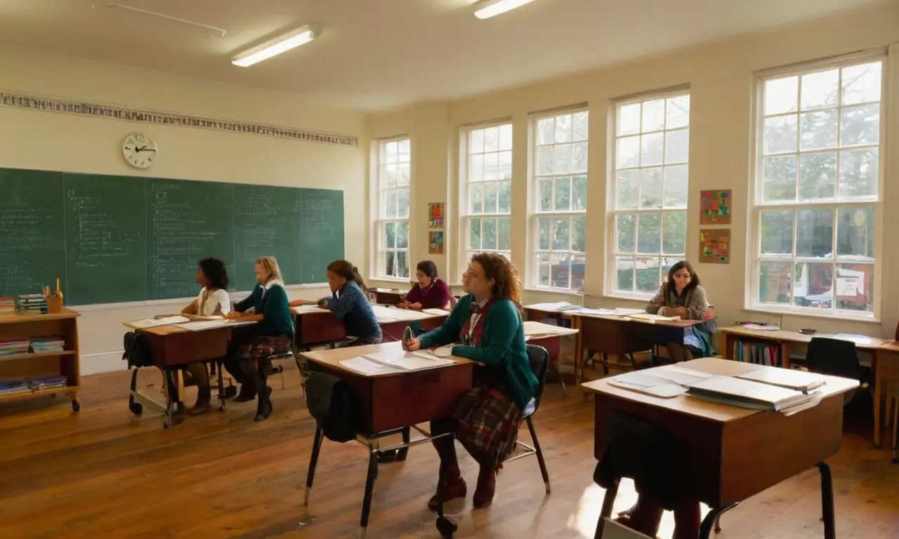 Salle de classe lumineuse, étudiants attentifs et créatifs
