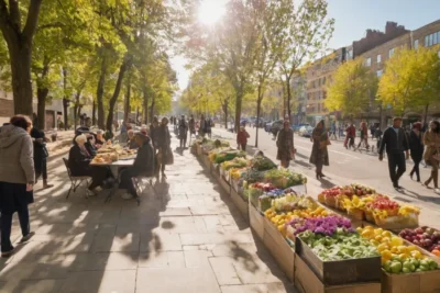 Scène urbaine vibrante et diversifiée en mouvement