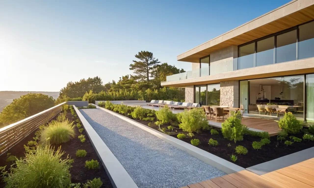 Façade moderne avec verdure et lumière chaleureuse