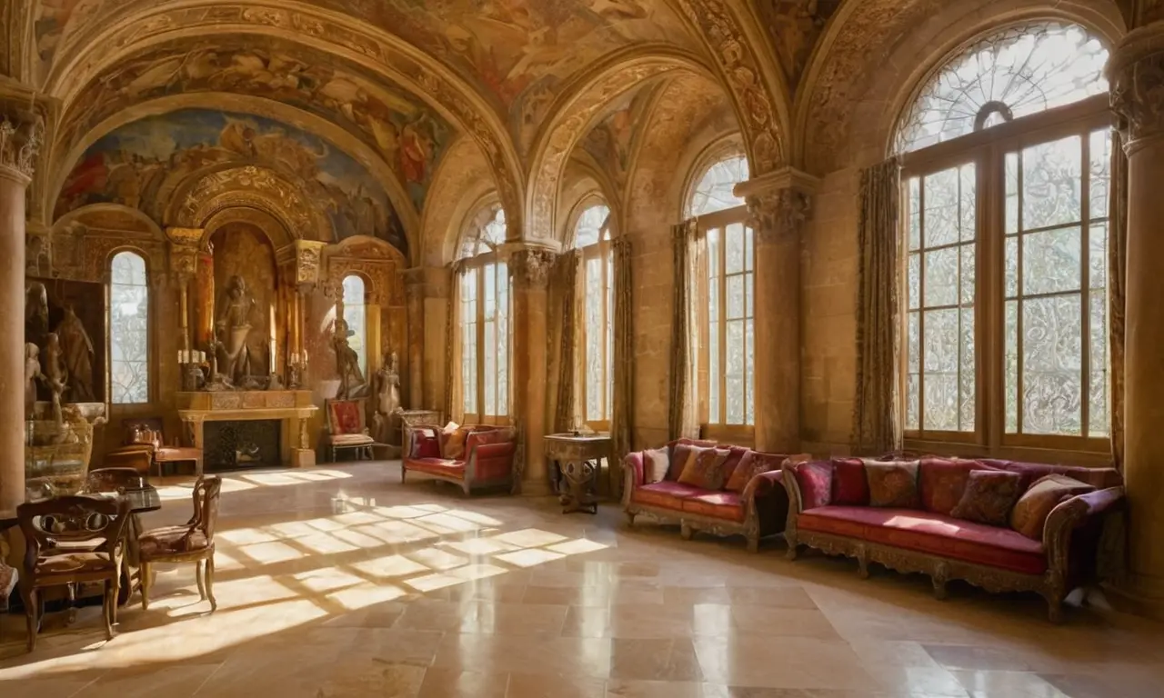 Intérieur renaissant opulent, lumière dorée et sculptures