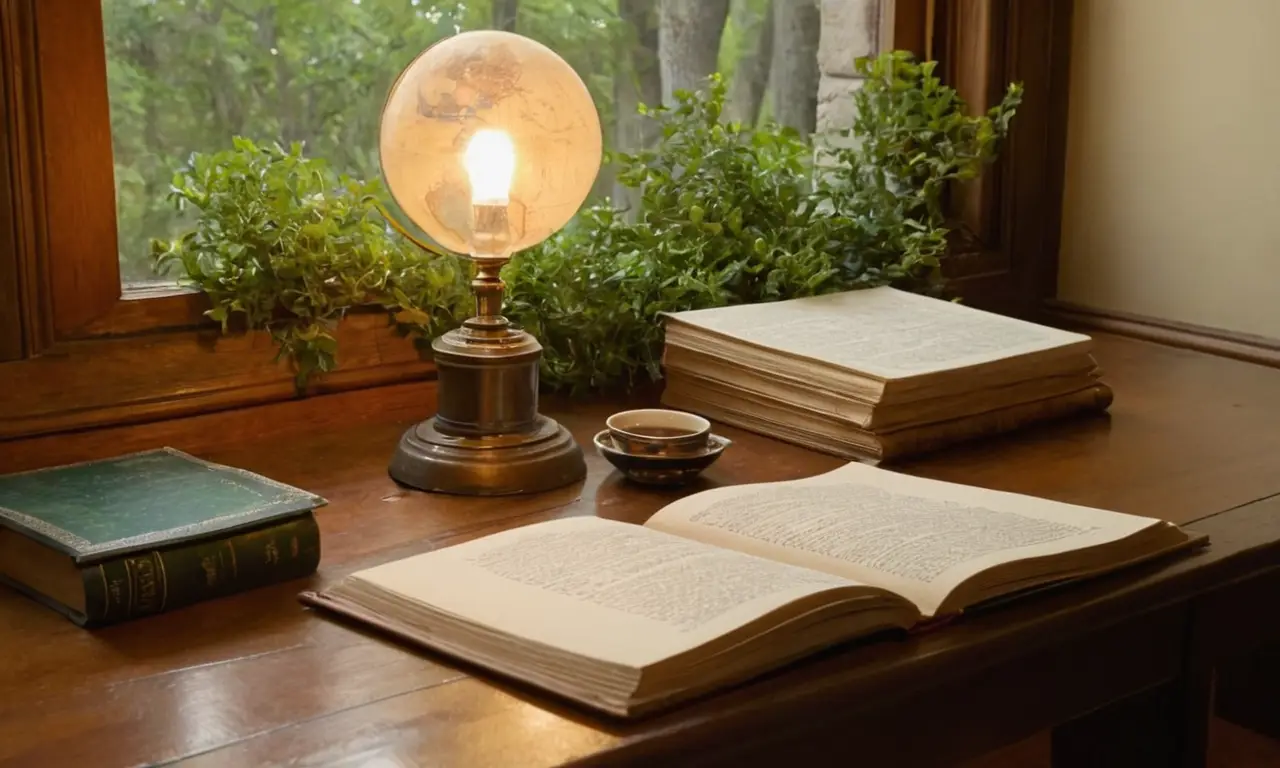 Un bureau sombre rempli de livres et café