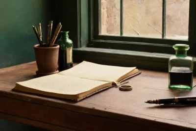 Bureau ancien avec café et ambiance chaleureuse