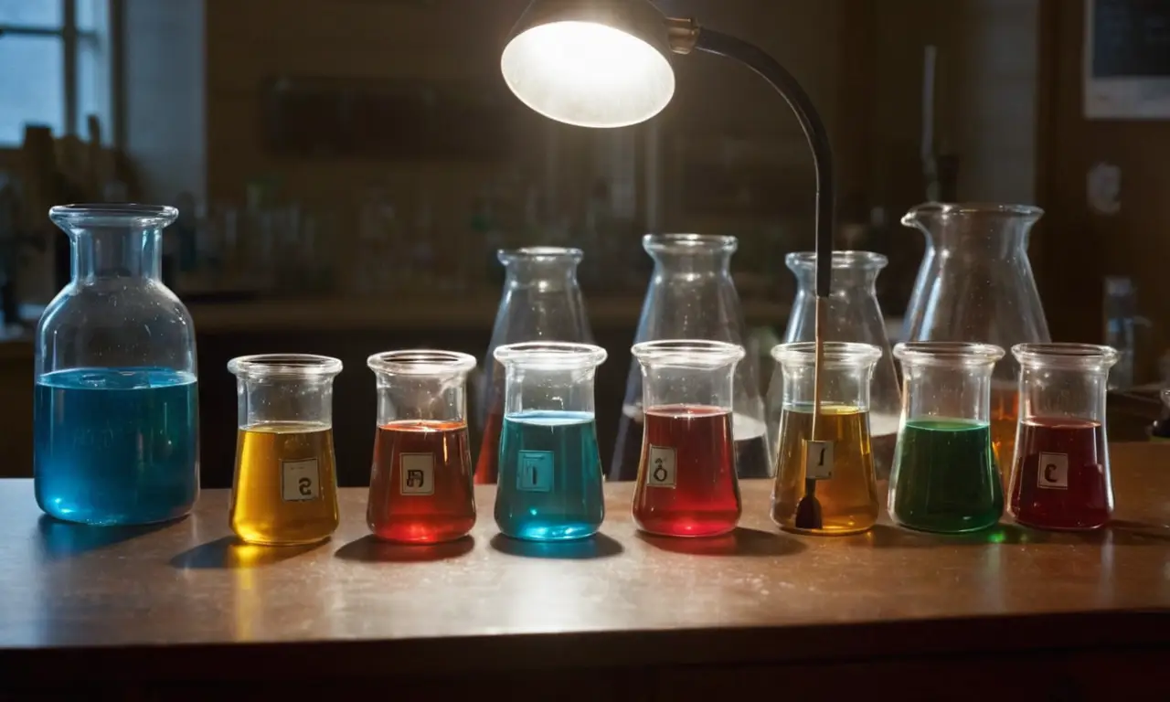 Laboratoire sombre avec équipements et liquides colorés