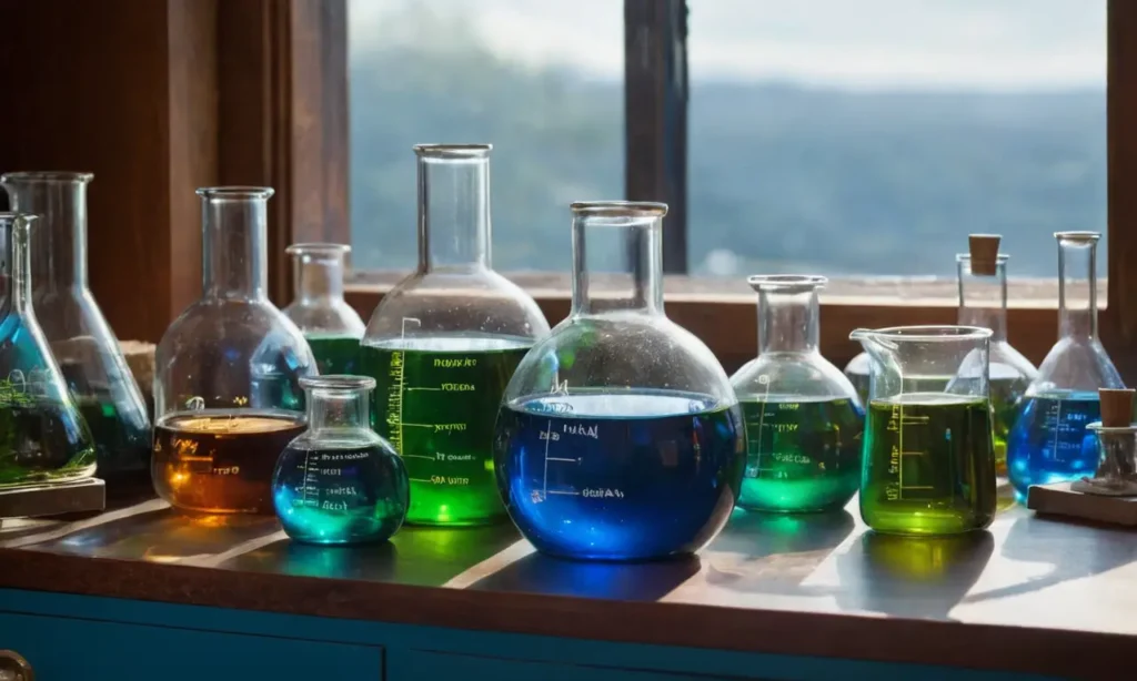 Table de laboratoire avec verre et réactifs