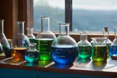 Table de laboratoire avec verre et réactifs