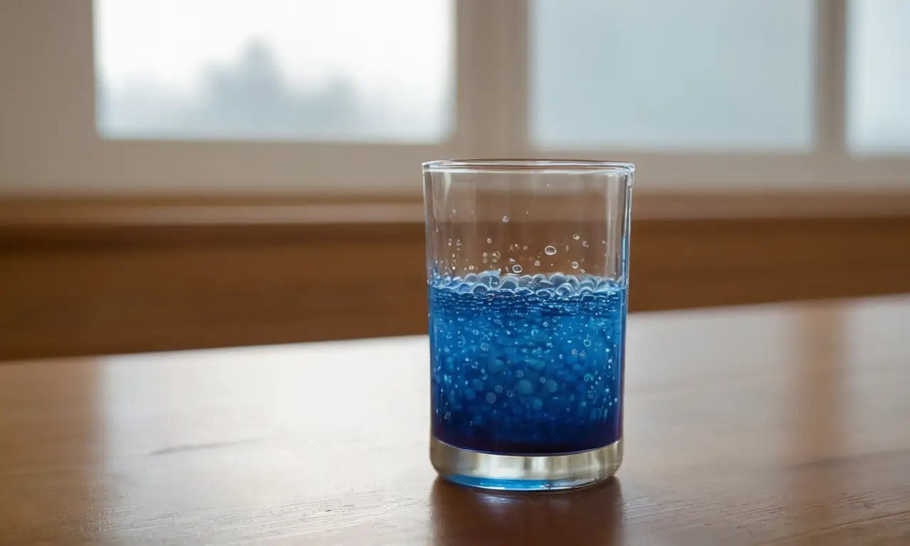 Un bécher en verre avec liquide bleu