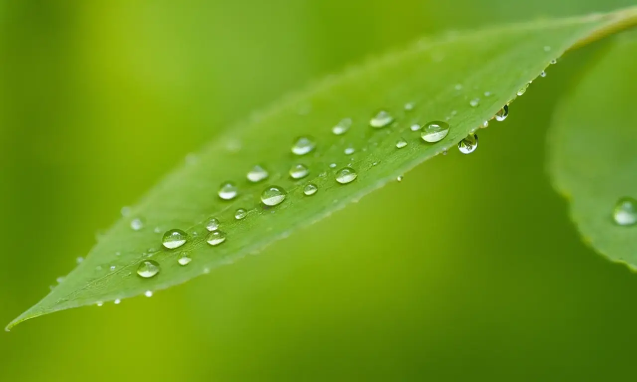 Gouttes deau sur feuilles vertes brillantes