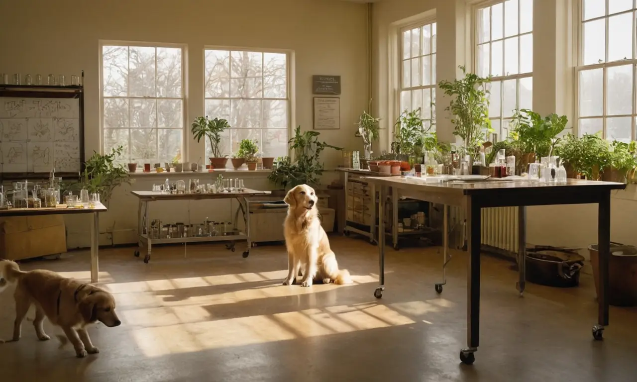 Laboratoire ensoleillé avec chien et scientifique