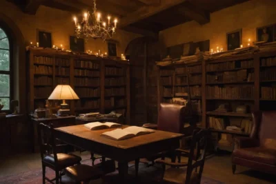 Une bibliothèque ancienne avec une ambiance chaleureuse