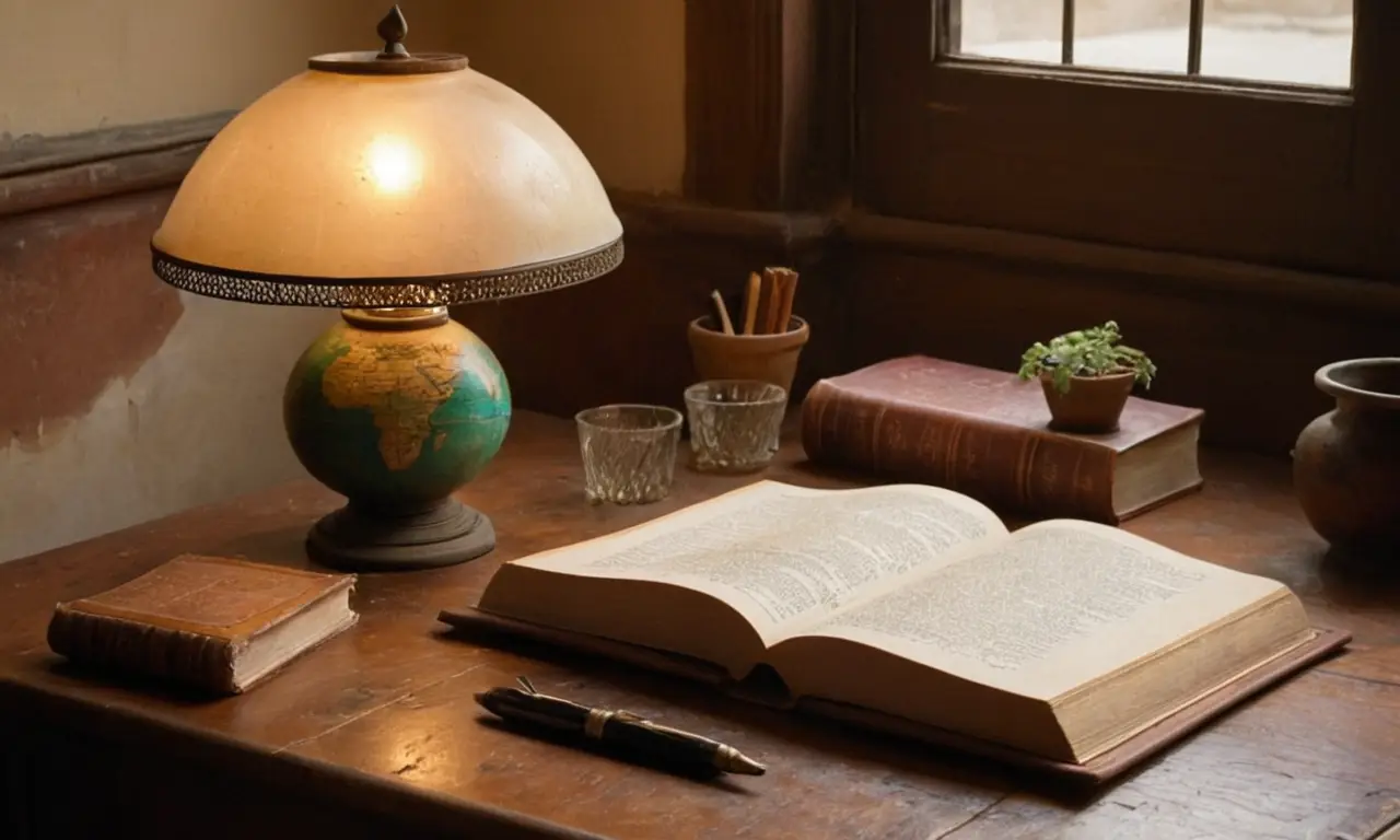 Table en bois ancien, livres et lumière
