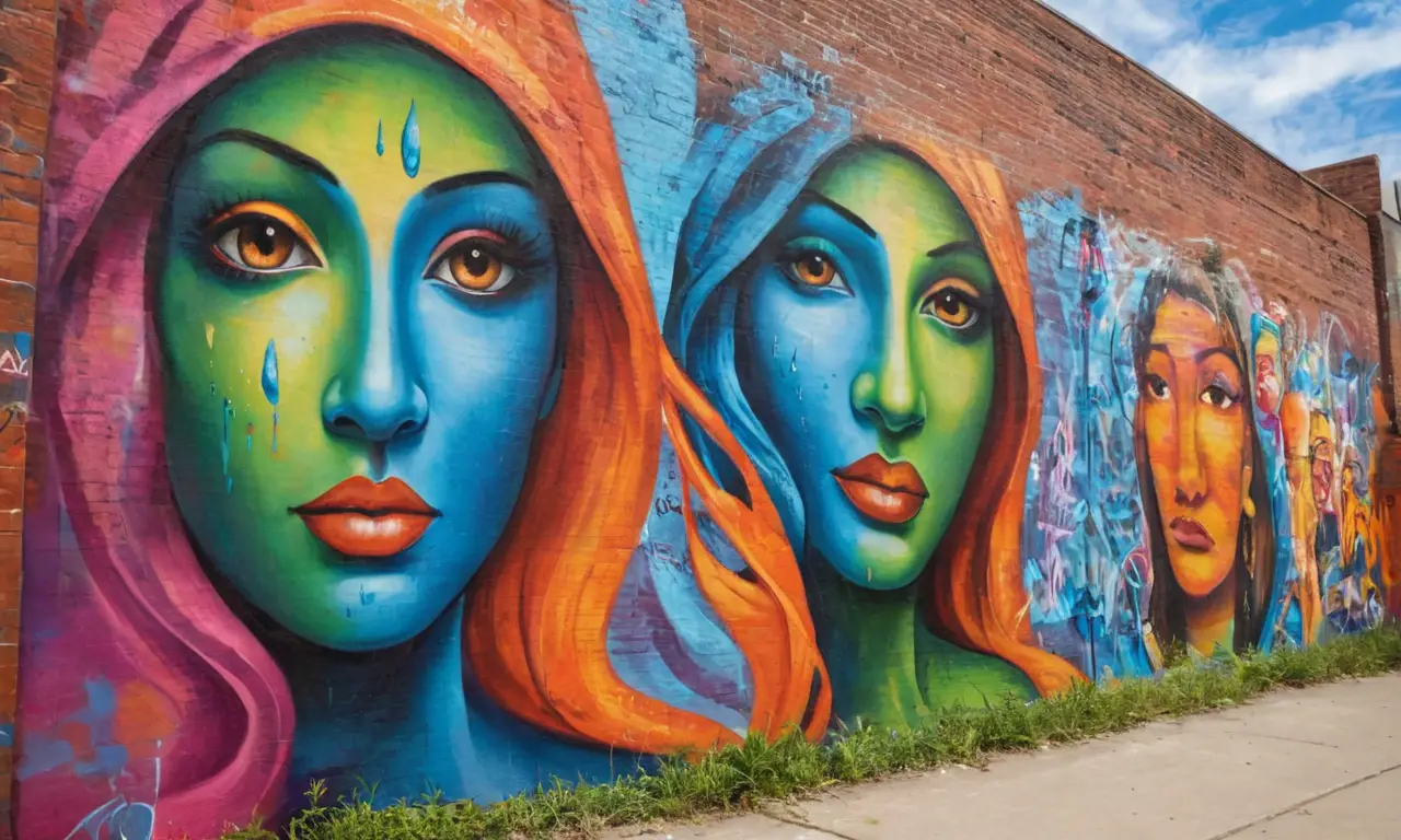 Murale vibrant et complexe en milieu urbain