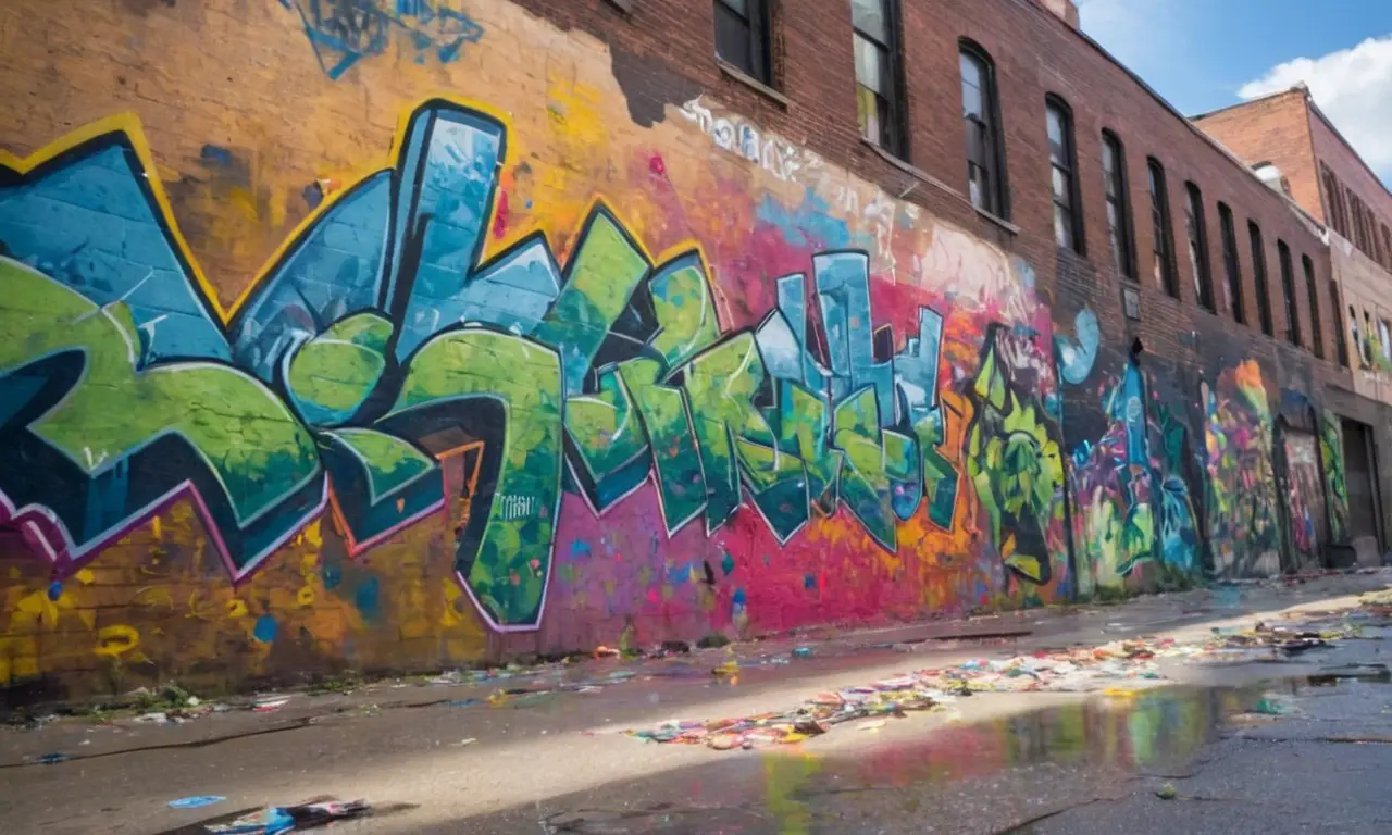 Mural urbain vibrant, graffiti et créativité débordante