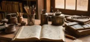 Table en bois avec livres techniques anciens