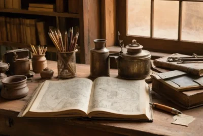 Table en bois avec livres techniques anciens