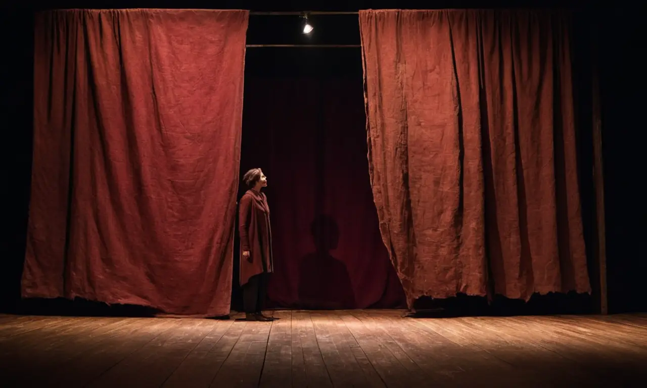 Scène théâtrale sombre, émotions intenses et tension