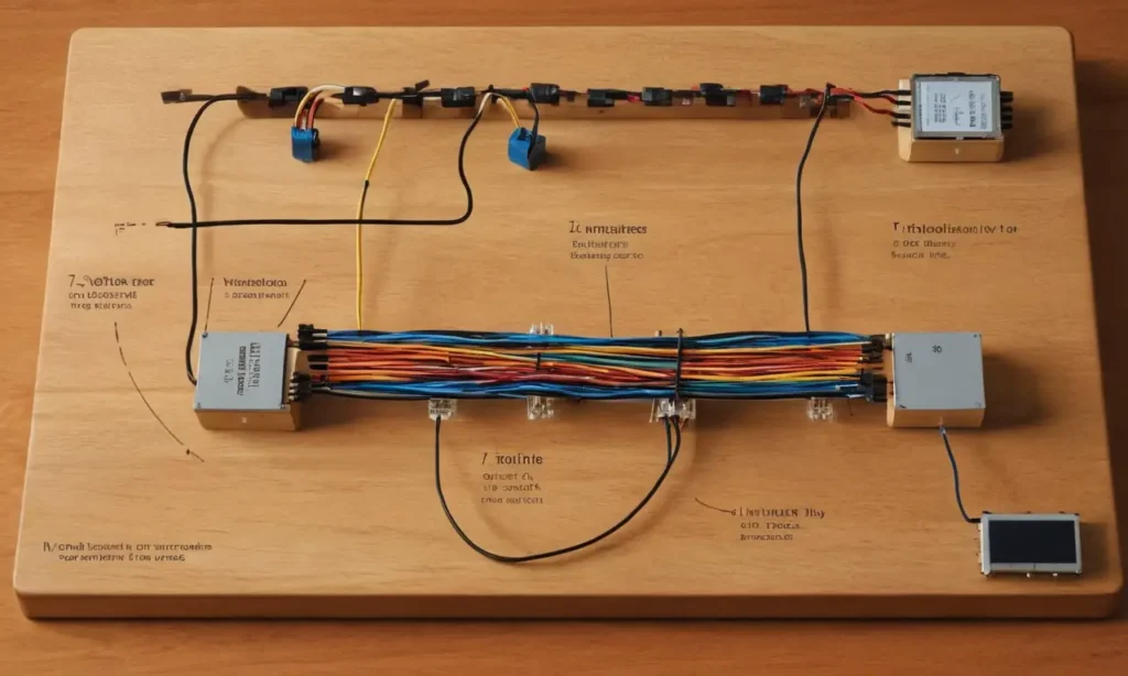 Tableau en bois avec circuits et composants brillants