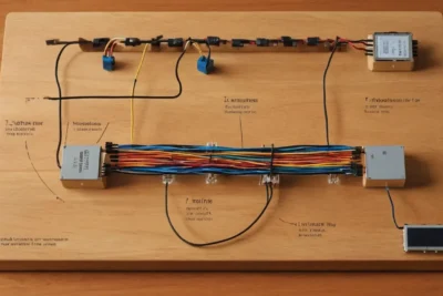 Tableau en bois avec circuits et composants brillants