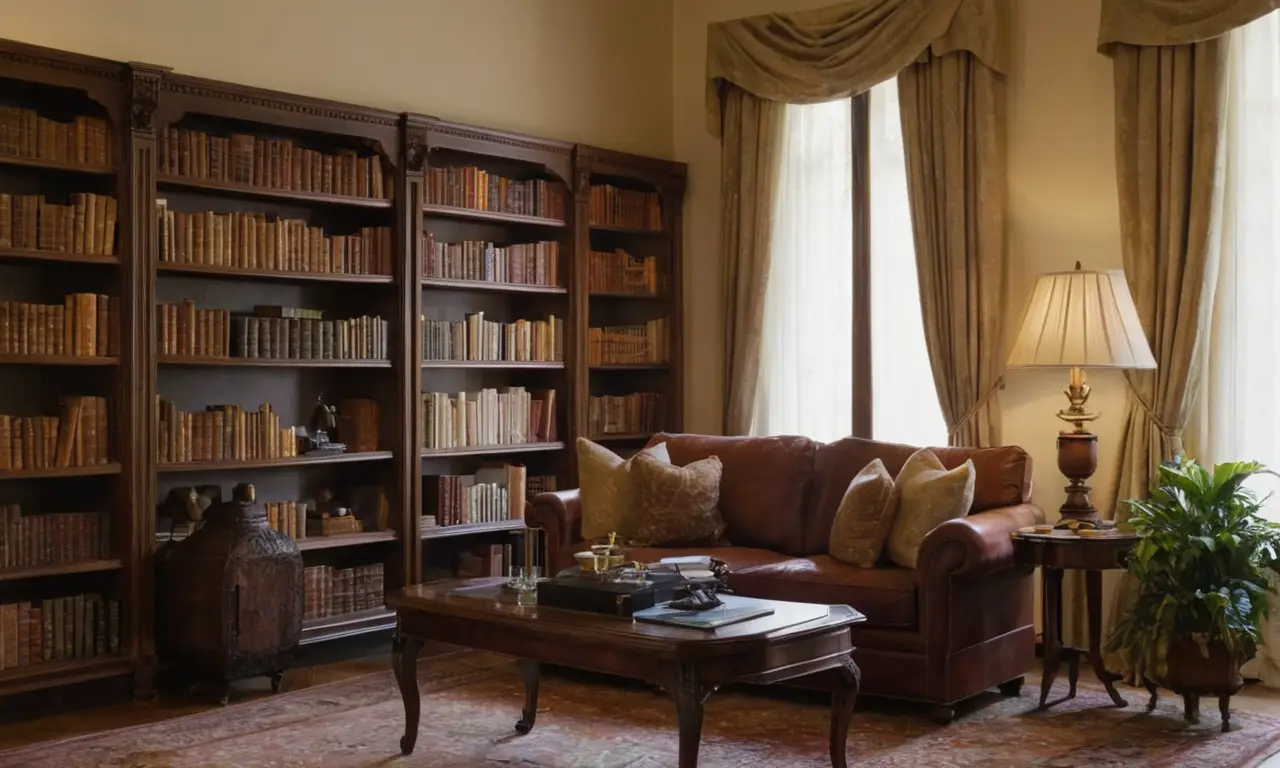 Bibliothèque chaleureuse, lumière douce et tranquillité