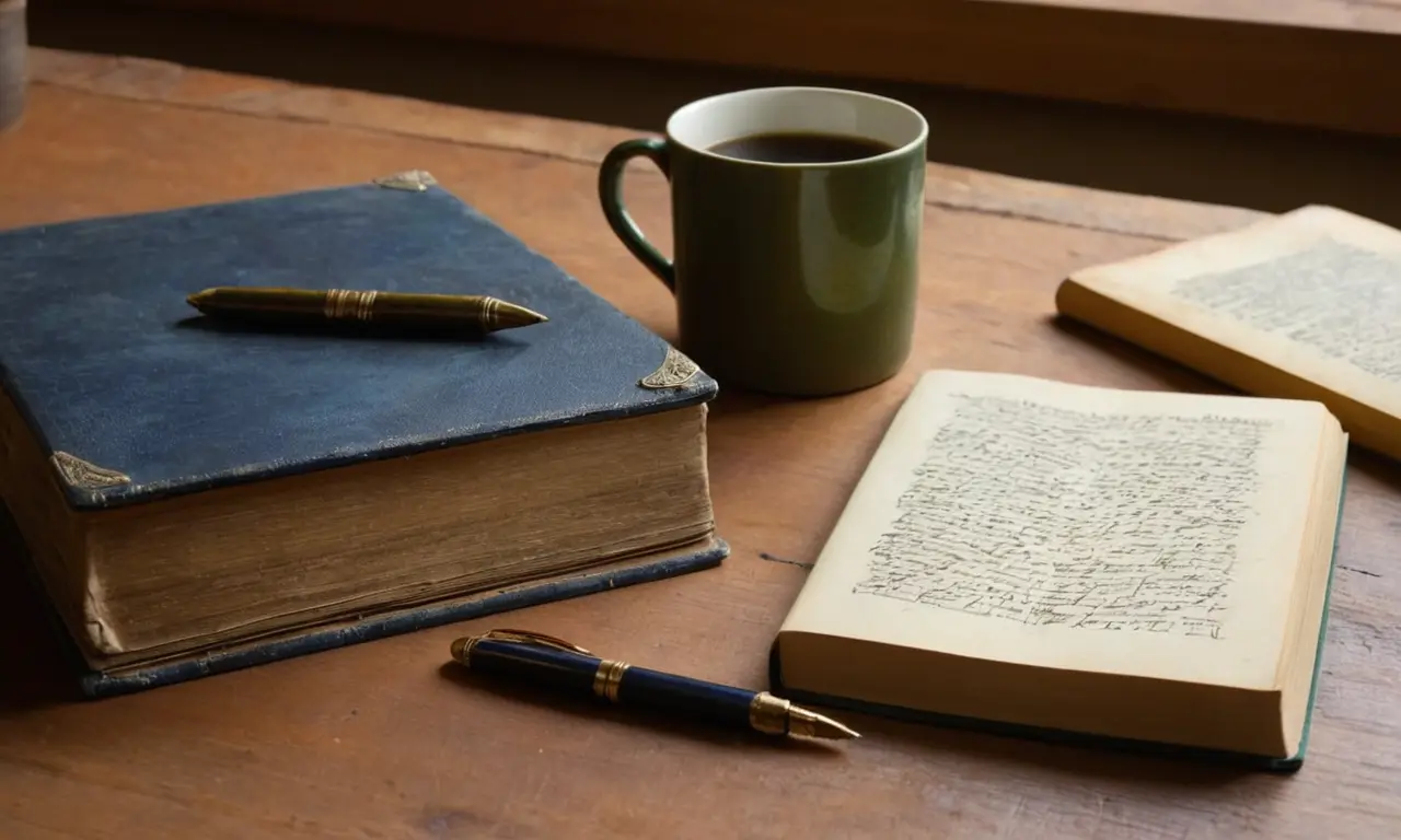 Table en bois chargée de livres et idées