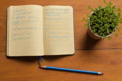 Cahier ouvert sur un bureau en bois