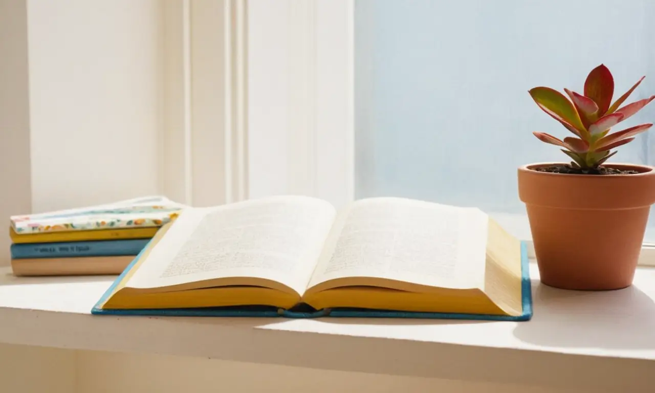 Bureau blanc, livres colorés, lumière naturelle