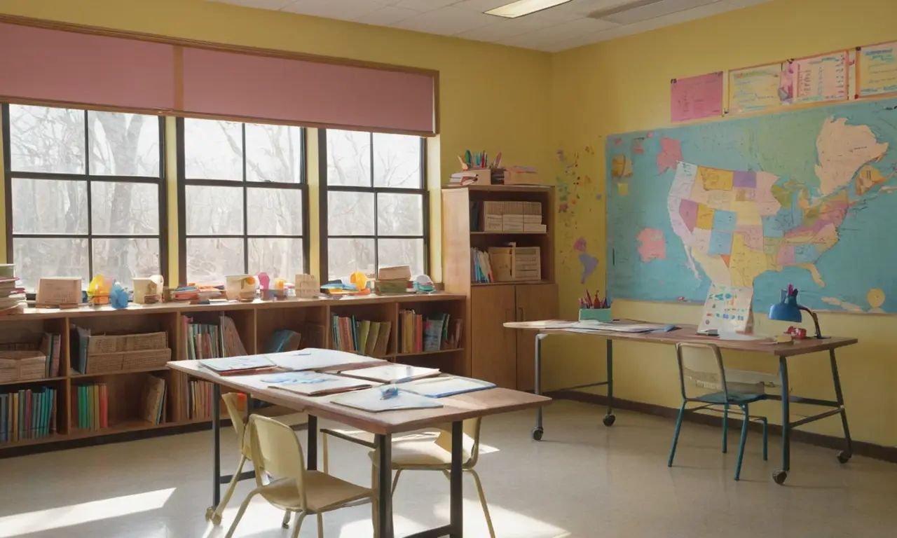 Salle de classe lumineuse avec meubles variés
