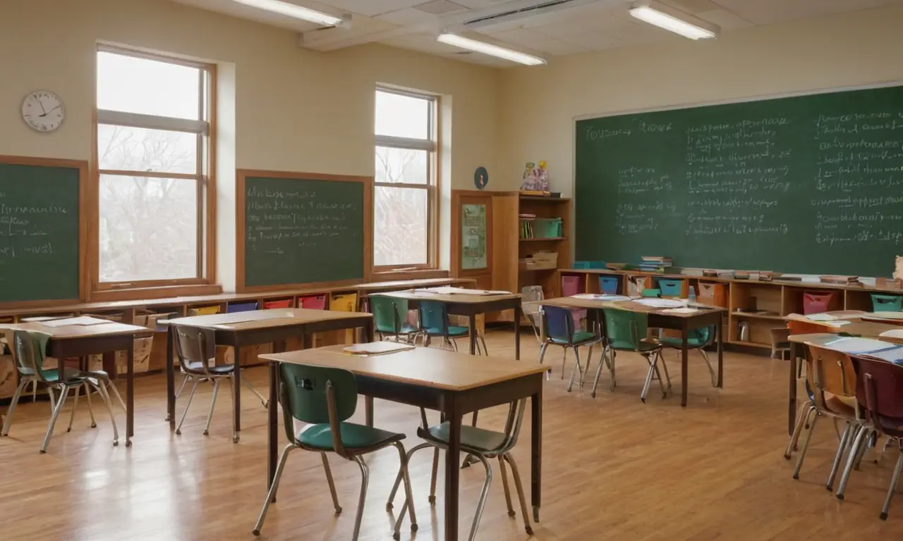 Salle de classe lumineuse, élèves attentifs, enseignant sûr
