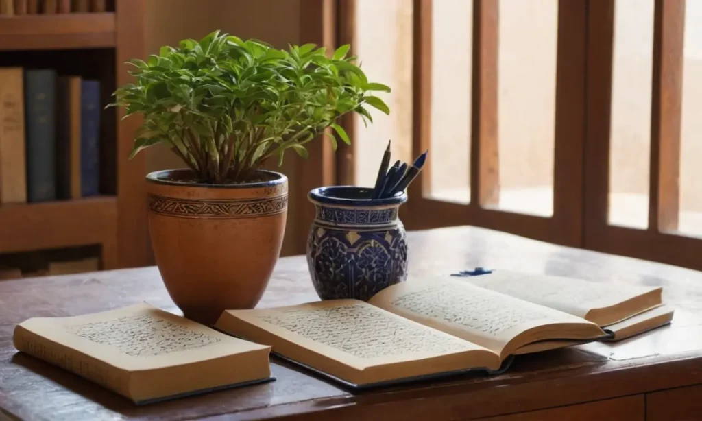 Bureau en bois avec livres et lumière douce