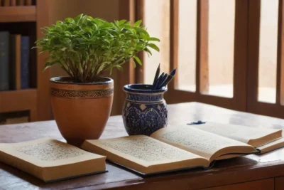 Bureau en bois avec livres et lumière douce