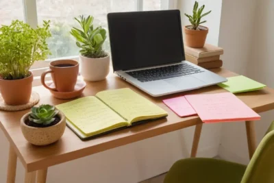 Chambre lumineuse et inspirante avec bureau organisé