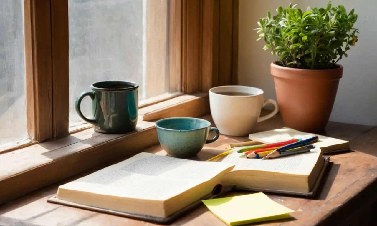 Bureau chaleureux, livres, plantes et lumière