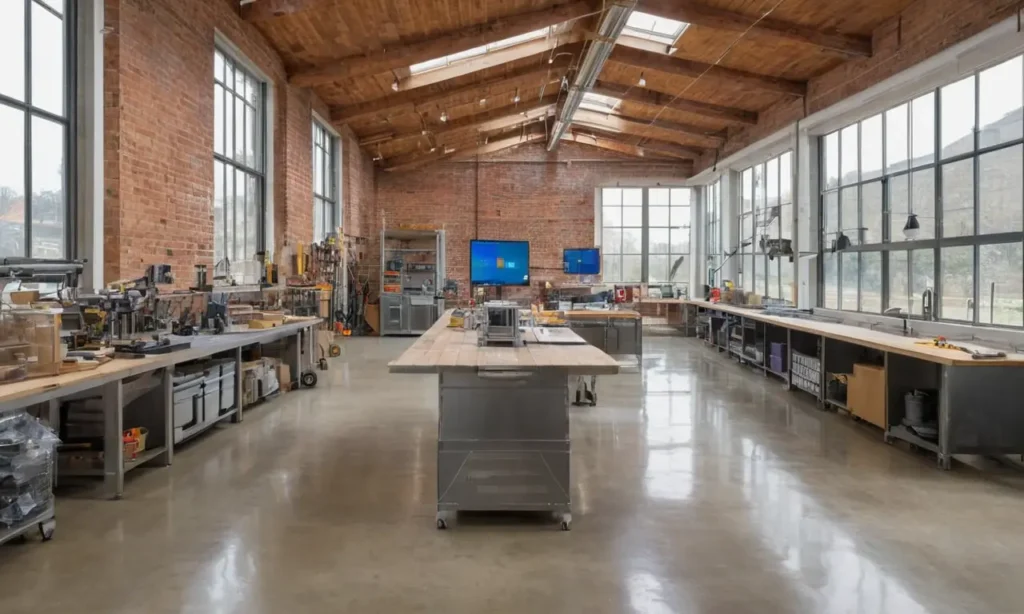 Atelier industriel lumineux avec machines avancées