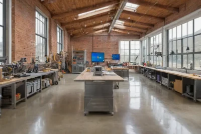 Atelier industriel lumineux avec machines avancées