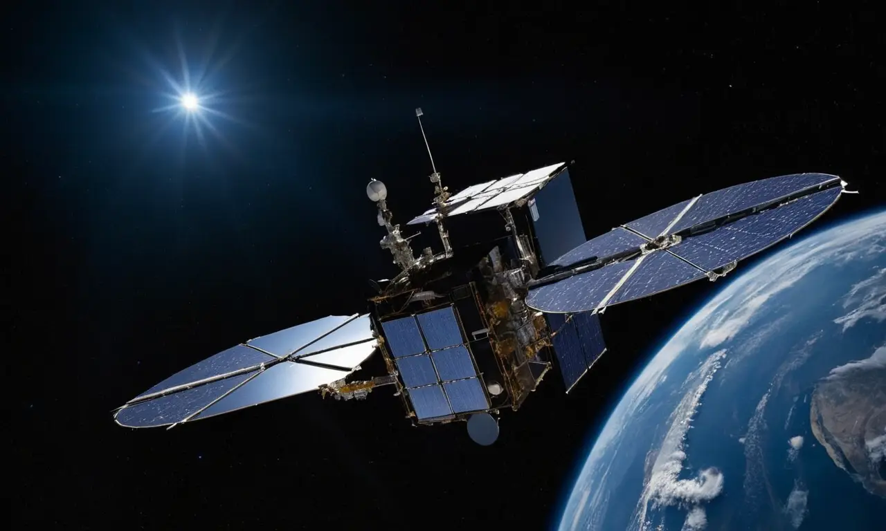 Satellite métallique en orbite au-dessus de Terre