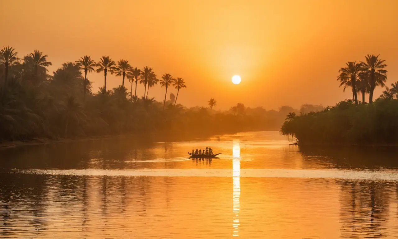 Scène paisible du Nil au coucher de soleil