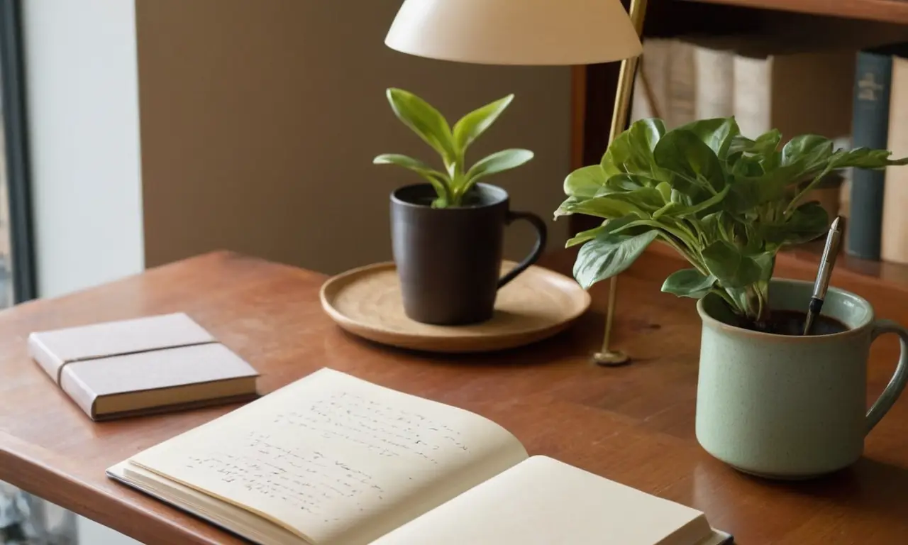 Un bureau en bois, lumière chaleureuse et détails