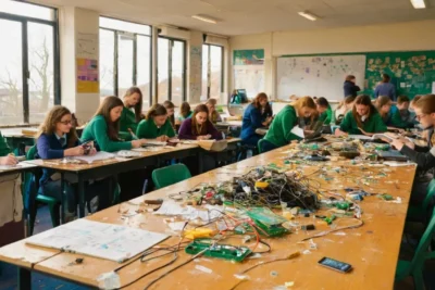 Salle de classe désordonnée avec étudiants engagés