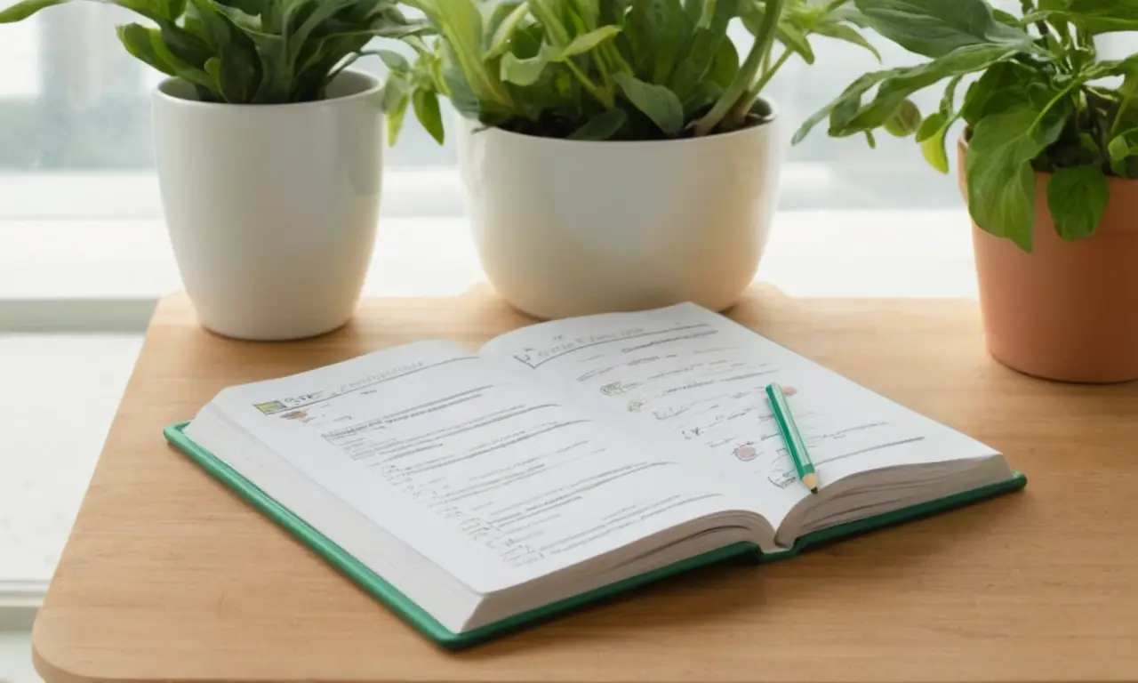 Bureau encombré, livre ouvert et ambiance studieuse