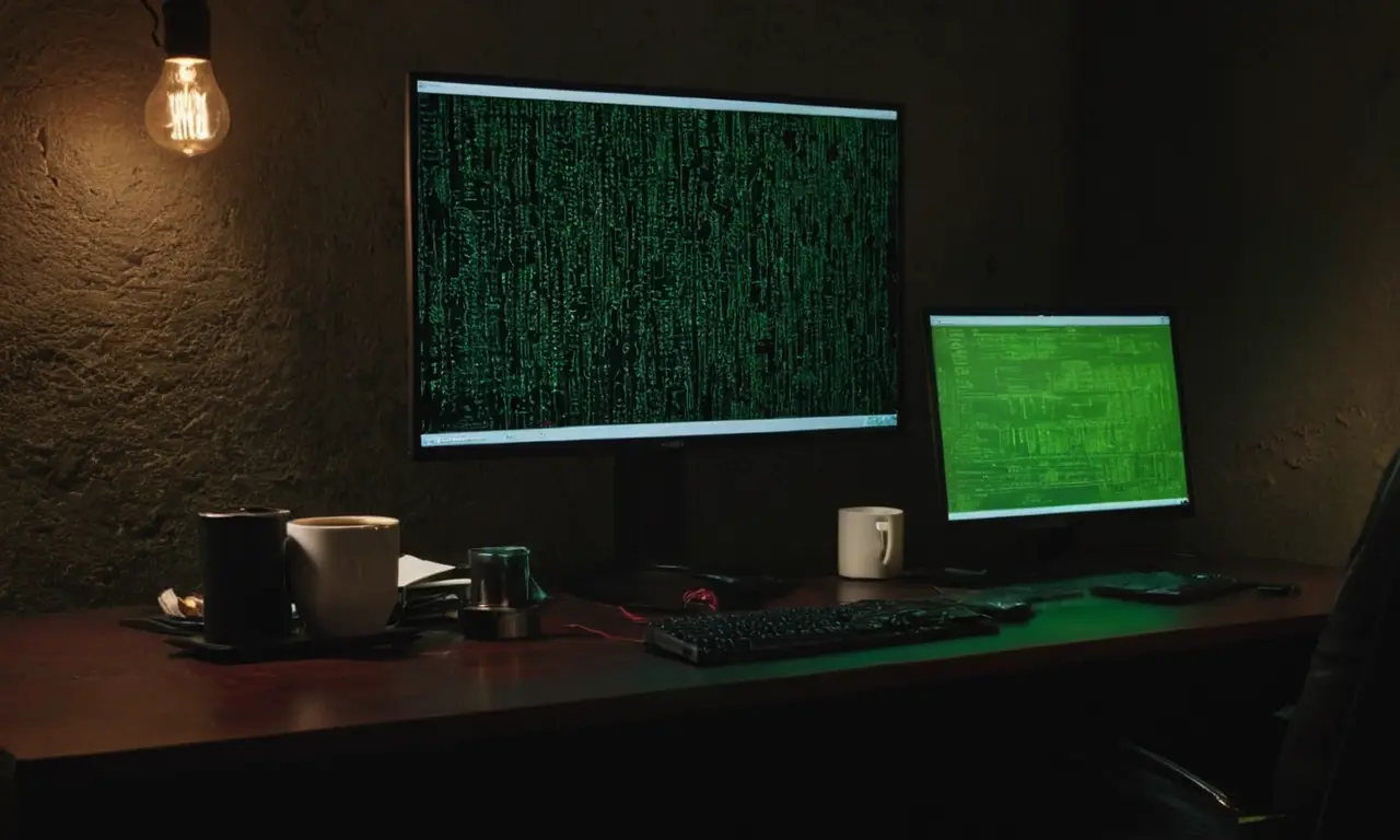 Une pièce sombre, technologie et tension palpable