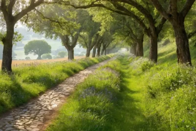 Ancienne route romaine paisible sous les arbres