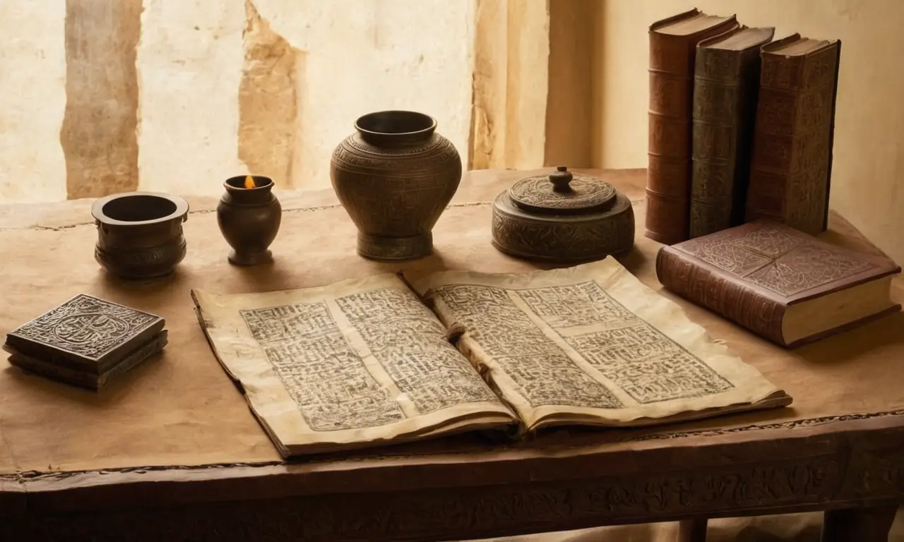 Table ancienne avec écriture et artefacts