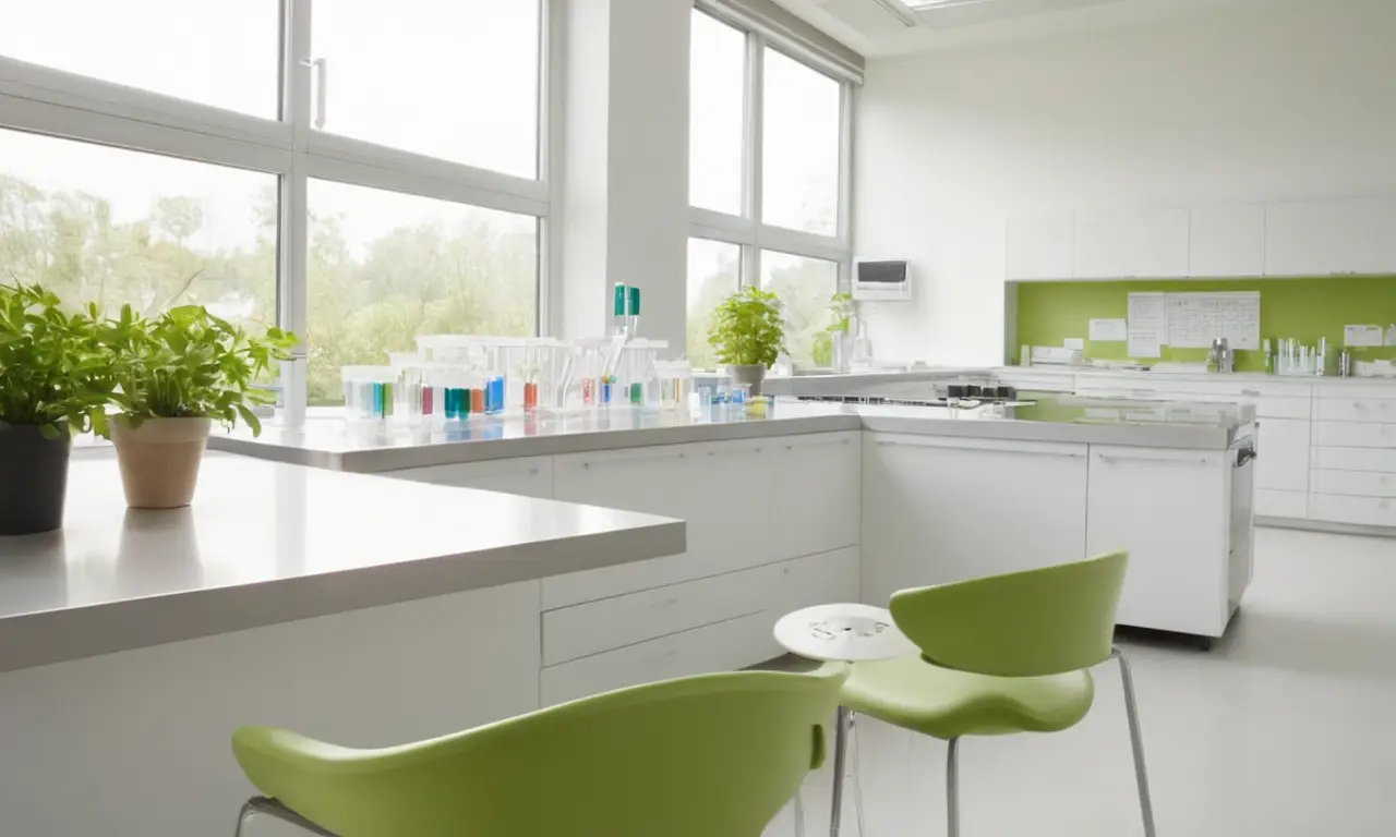 Laboratoire organisé avec outils scientifiques et verdure