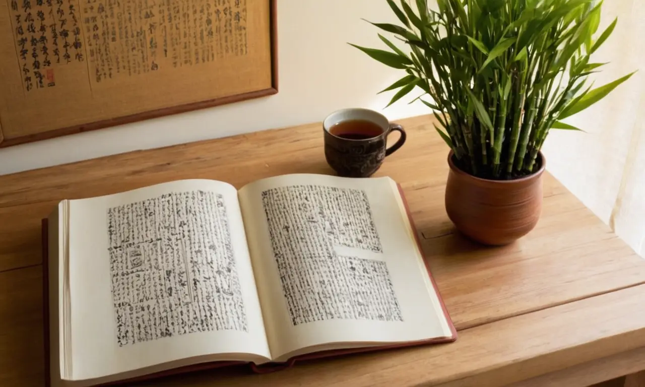Table en bois, écriture chinoise, sérénité