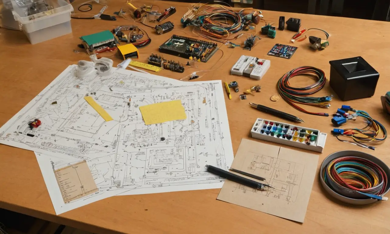 Bureau organisé avec circuits et composants électroniques