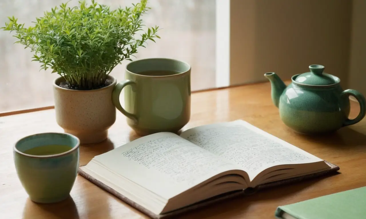 Table en bois avec livres et thé